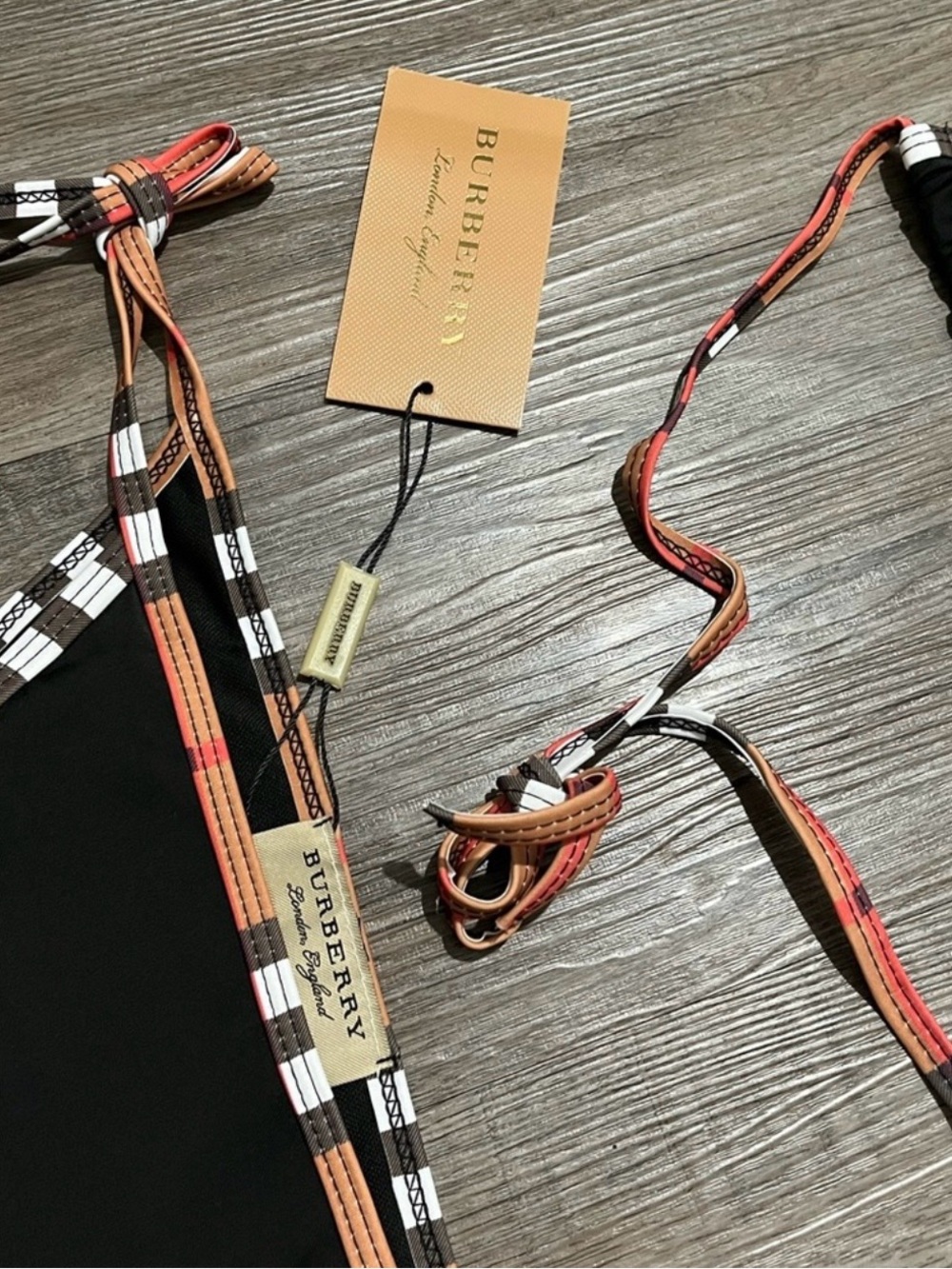Classic Burberry Plaid Trim Logo Black Triangle Halter Brown Bikini 2-Piece Set - Picture 2 of 7